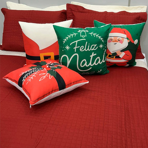 Kit 4 Capas Para Almofadas Estampas Natal Papai Feliz Natal Cor Presente Papai Noel