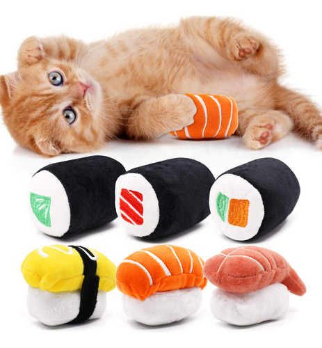 Ciyvolyeen Paquete De 6 Juguetes De Sushi Para Gatos Con Hi.