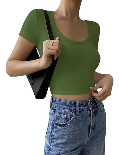 Blusa Crop Top Elástica Manga Corta Algodón Verano Sexy