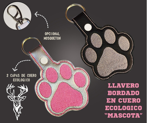 Llavero Huella Mascota Bordado Con Argolla Cuero Ecologico