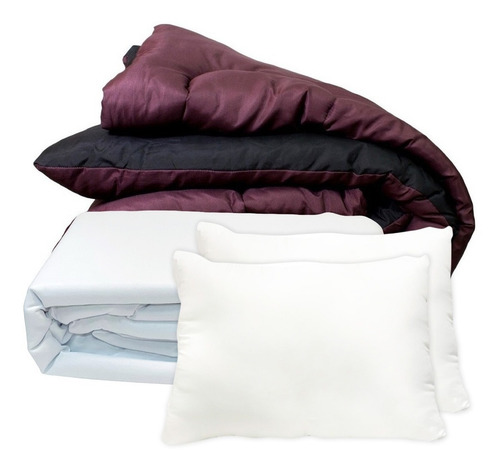 Combo Acolchado 2 Plazas Y Media + Sabanas + Almohadas 50x70 Color Negro/ Bordo Sabanas Blanca
