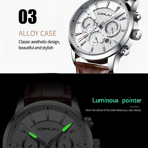 Cronógrafo de couro analógico luminoso Crrju para homens, cor de fundo: preto/rosa dourado