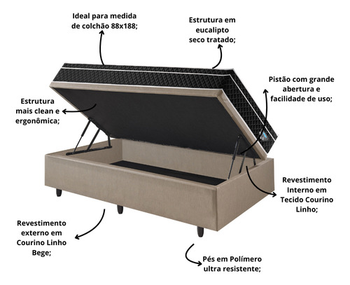 Cama Box Bege Solteiro Baú 88x188 Colchão Gransleep Ecoflex