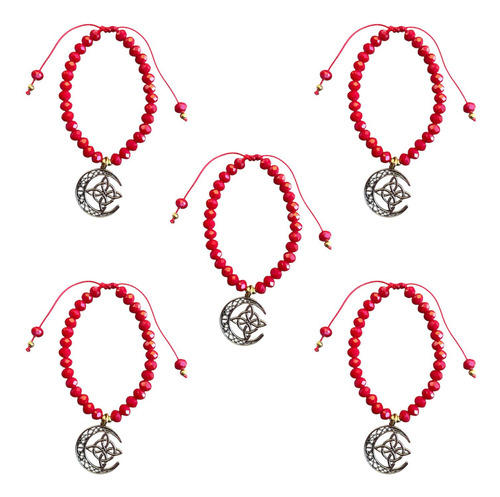 Paquete De 5 Pulseras Nudo De Bruja Con Luna Rojo