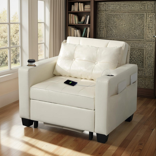 Sofá Cama C/puerto Usb 3 En 1; Faux Leather Blanco Duraspace