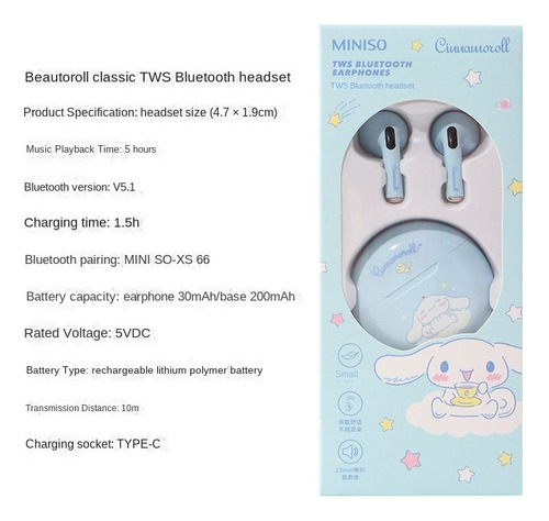 Miniso Sanrio Kuromi Orig Audífonos Inalámbricos Bluetooth