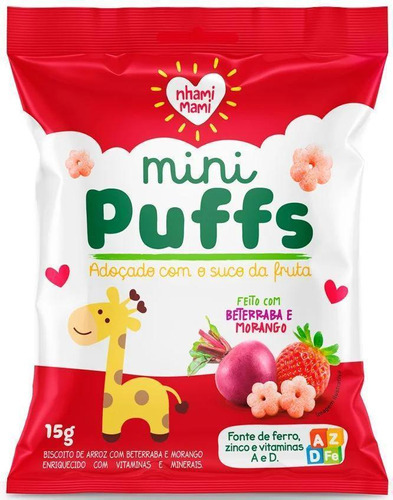Mini Puffs Snack P/criança Beterraba/morango 15g Nhamimami