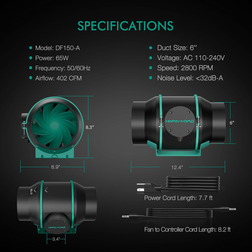 Mars Hydro Ventilador En Línea De 6 Pulgadas Con Controla...