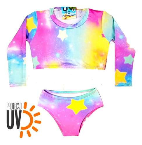 Biquini Infantil + Blusa Cropped Proteção Solar Uv50 Estrela