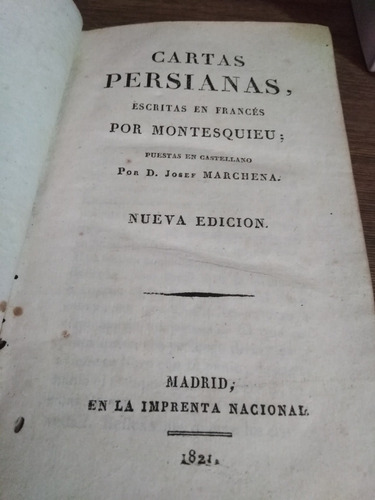 Cartas Persianas. Montesquieu. Edición De 1821. 