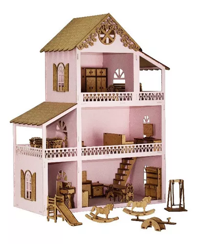 Casinha De Boneca Modelo Americana Mdf Pintada Com 30 Moveis