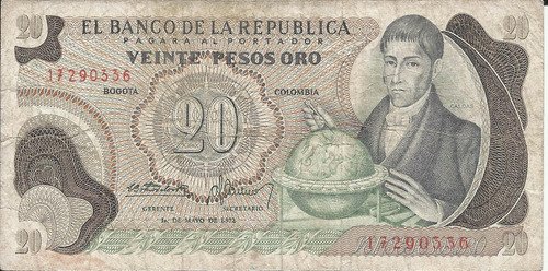 Colombia 20 Pesos Oro 1 De Mayo De 1972