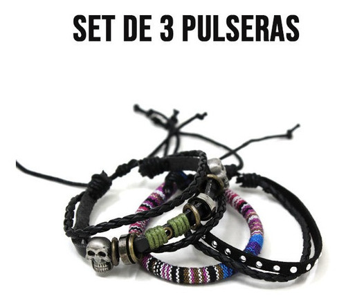 Imagen 2 de 7 de Set De 3 Pulseras De Cuero Con Calaveras