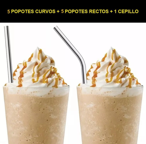 10 Popotes Metálicos Acero Inoxidable Curvo Recto + Cepillo