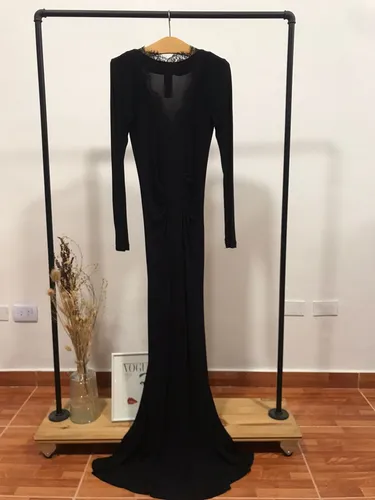 Vestido Negro Awada Con Puntilla Escote V Y Frunce Talle 2 (Usado)