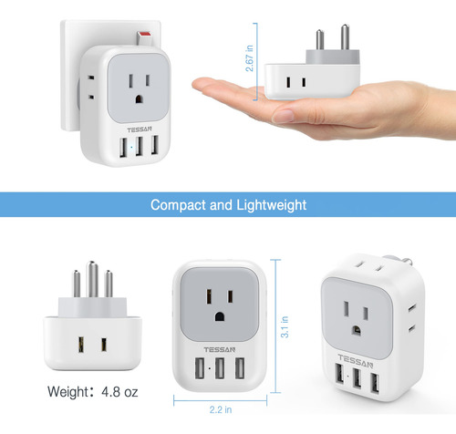 Adaptador De Enchufe Tessan Us A La India Tipo D Con 4 Tomas