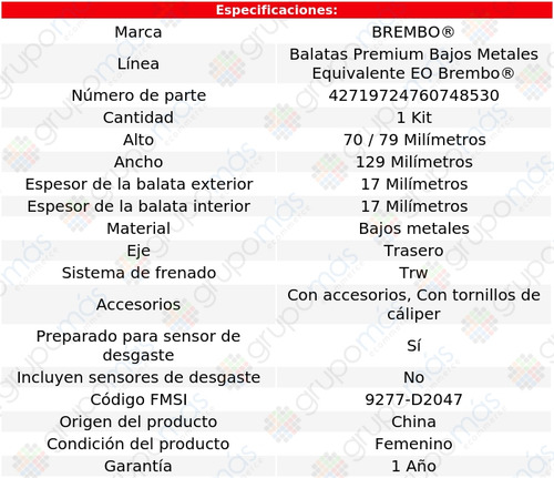 Balatas Traseras Bajos Metales Brembo E43 Amg 2017 A 2018