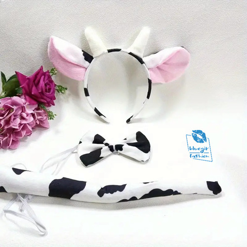 Set Diadema Orejtas Cuernitos De Vaca Cola Y Lazo Vaquita