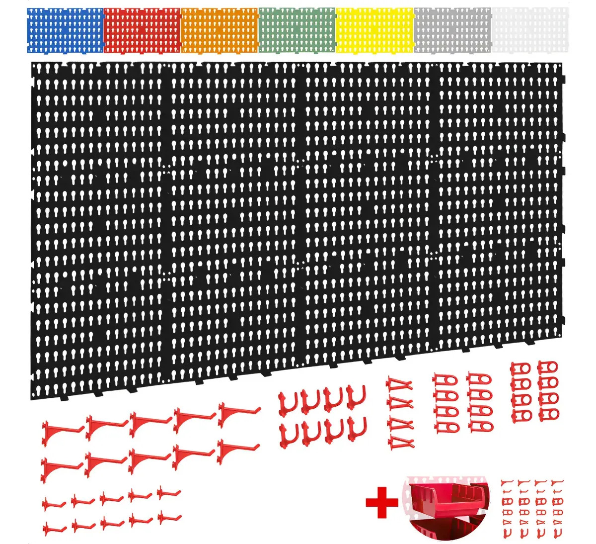 Painel Ferramentas Organizador Perfurado 118x52 + Cor Preto com ganchos vermelho