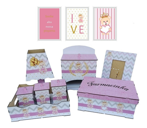 Kit Higiene Bebe Com Trio De Quadro Princesa Decoração Rose