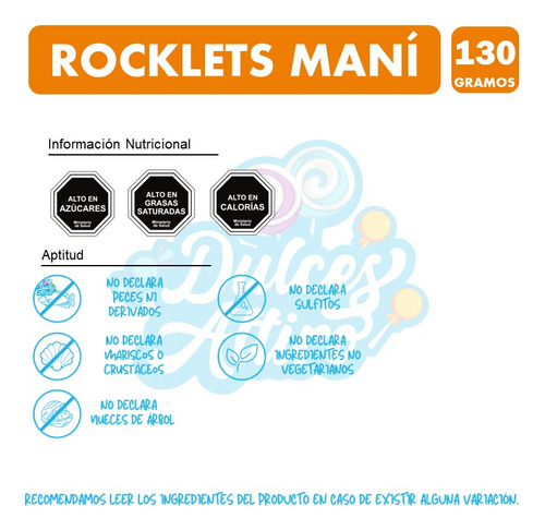 Rocklets Sabor Maní, Marca Arcor - Tableta De 130 Gramos.