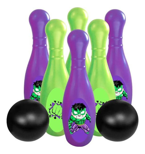 Boliche Brinquedo Grande Infantil Hulk 6 Pinos 2 Bolas