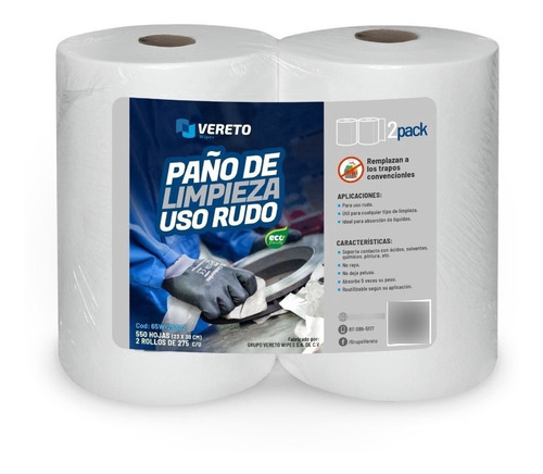 Vereto Wipes | Paño 65w Uso Rudo | 2 Rollos De 275 Hojas