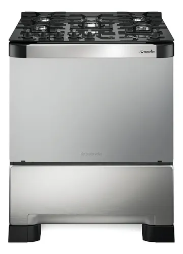 Fogão Mueller 5 bocas Decorato Vetro Inox com mesa de vidro e Tim...