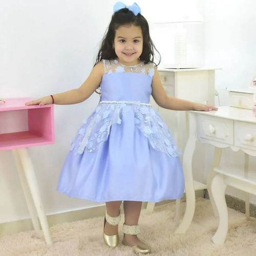 Kit Vestido Azul Serenity Tule + Saia Filó + Laço Cabelo