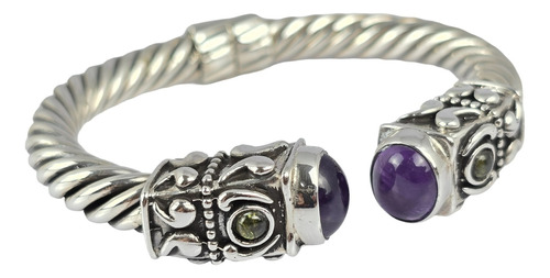 Brazalete De Cable De Plata Con Amatistas Tipo Yurman