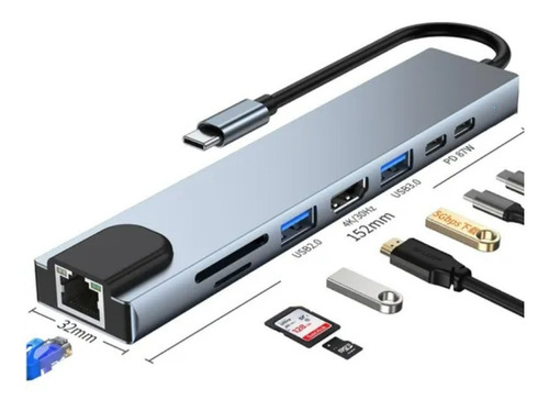 Adaptador Hub Usb C Con Ethernet+4k Hdmi+usb 3.0+pd+sd+tf