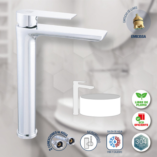 Llave Mezcladora Toscana Monomando alto de lavabo acabado Cromado Color Gris Mb-878