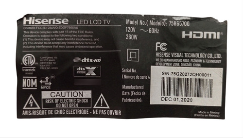 Boton Con Sensorhisense 75h6570g Zdgf7668au-f (Usado)