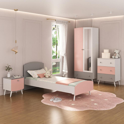 Quarto Infantil Completo para Colchão 188x78cm Doçura Multimóveis MP4329 Branco/cinza/rosa