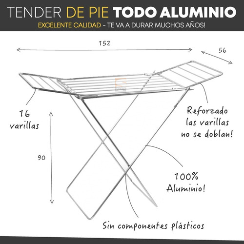 Imagen 4 de 10 de Tendedero Tender Pie Alas 152 Cm Aluminio Reforzado Alumix