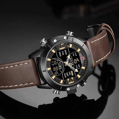 Imagen 3 de 7 de Reloj Naviforce Banda De Cuero Analógico Y Digital Luz Led