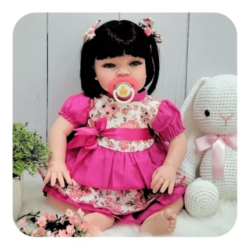 Boneca bebe reborn morena com cilios roupa rosa 16 itens