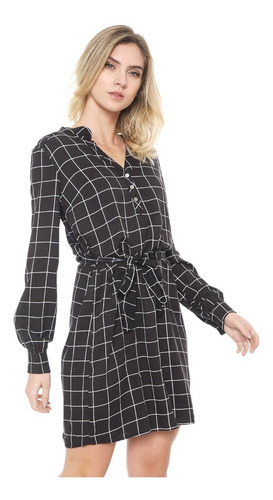 Vestido Hering Curto Xadrez Grid Preto/bra
