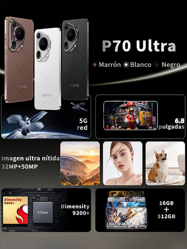 Dual Sim P70 Ultra 2025 Últimas El Más Popular 5g Wifi 16gb Ram 512gb Rom 6.8 Pantalla Grande Batería De Larga Duración Celular Android 14 Smartphone Marrón