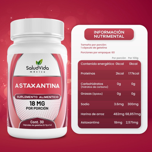 Imagen 2 de 3 de Astaxantina 18mg 30 Cápsulas