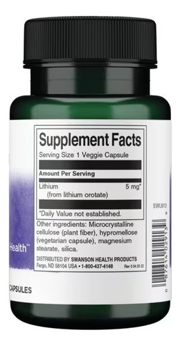 Swanson Lithium Orotate 60 Veggie Capsules Sabor Sin Sabor