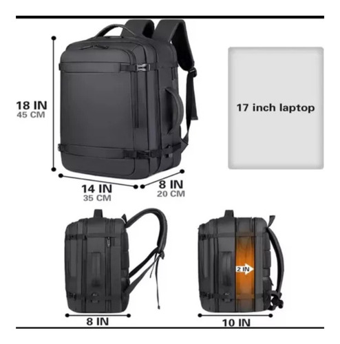 Mochila De Viaje Avion Viral Amazon Con Usb 35lts Expandible Negro Liso
