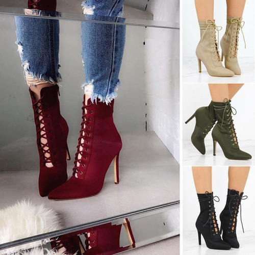 Vintage Pointed Shoes For Women Lace Up Bandage High Boots S