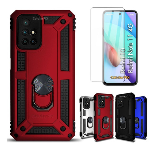 Funda P/ Redmi 10, Uso Rudo C/ Anillo Sujetador + Cristal