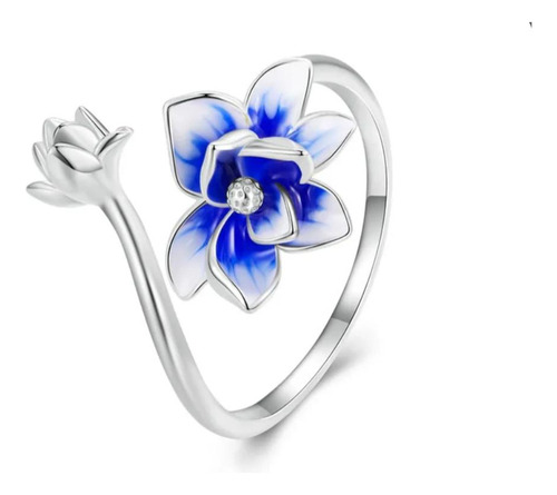 Anillo Diseño Flor De Loto Azul, Plata De Ley 925.