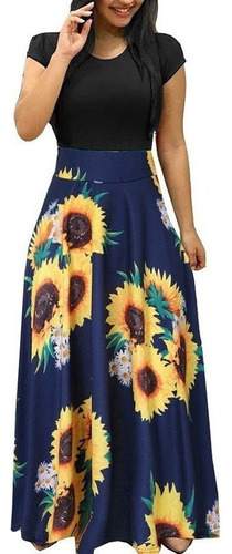 Vestido Mujer Verano Manga Corta Estampado Girasol Sundress