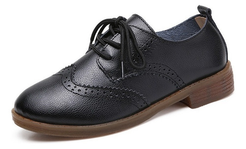 Cómodos Zapatos De Cuero De Tacón Bajo, Brogues