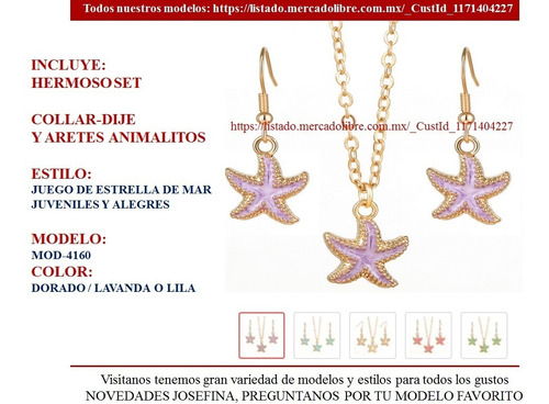 Set 4160) Joyería Conjunto Dije Aretes Estrella Dorado Lila