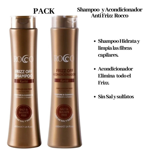Imagen 3 de 3 de Pack Shampoo Acondicionador Anti Frizz Rocco + Desenredante