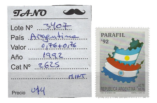 Lote3407 Argentina 0.76+0.76 Año 1992 Parafil Gj# 2625 Mint